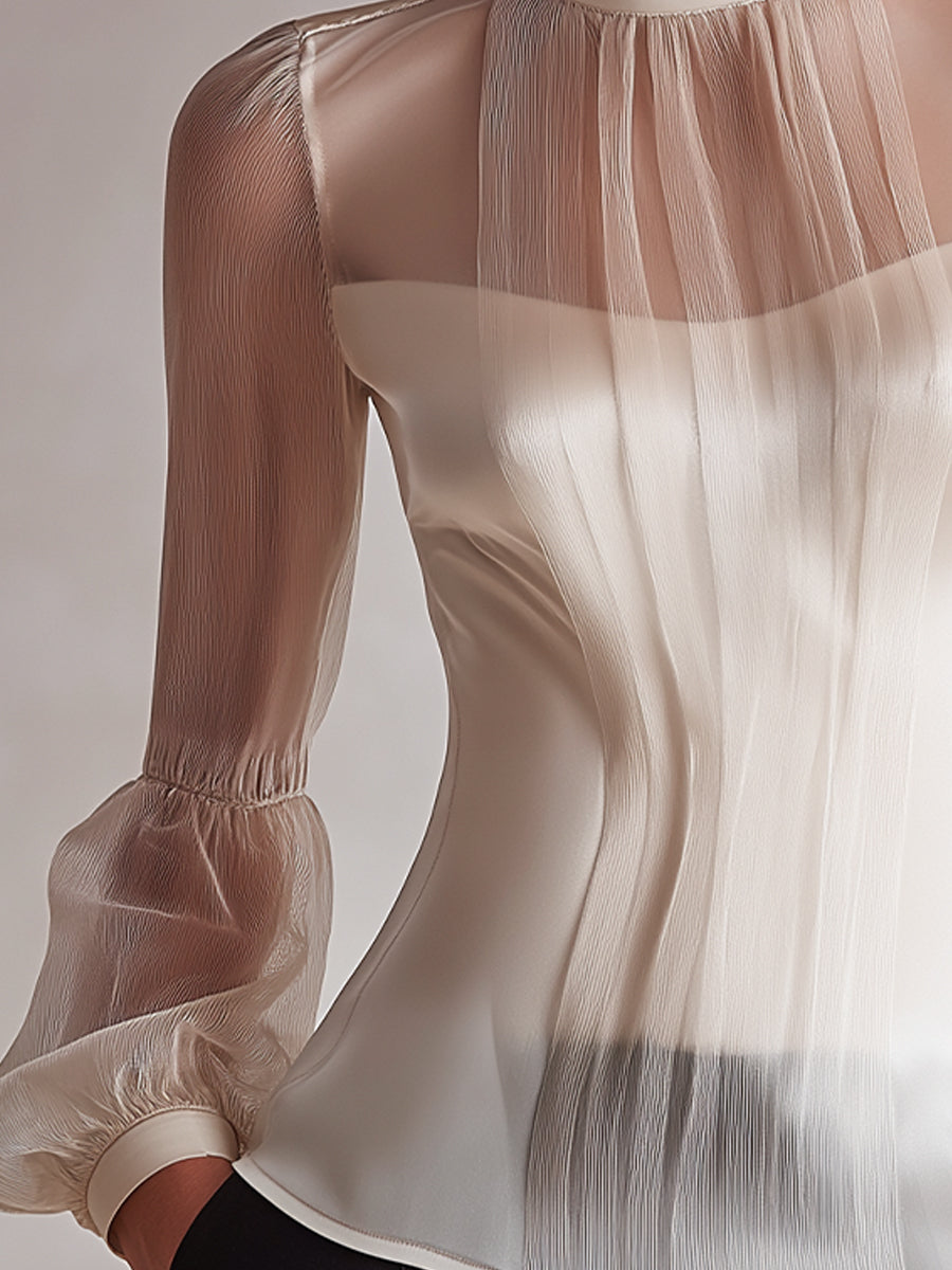 High-Neck Sheer Panel Elegant Long Sleeve Top