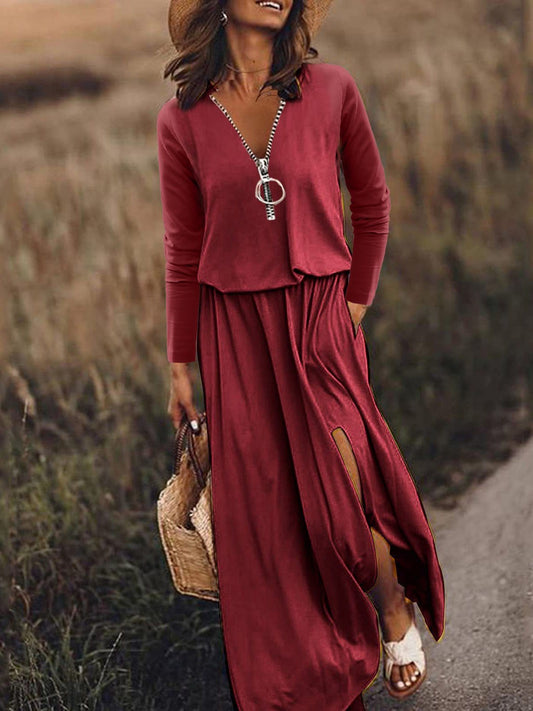 Long Sleeve Zip-up Beach Tunic Dress