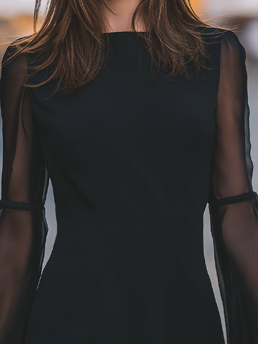 Elegant Sheer-Sleeve Mini Dress With Flared Cuffs