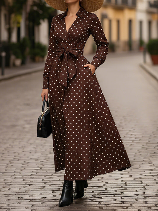 Maxi Linen Dress, Long Sleeves, V Neck, Polka Dots, Belt Design, French Vintage, Coffee