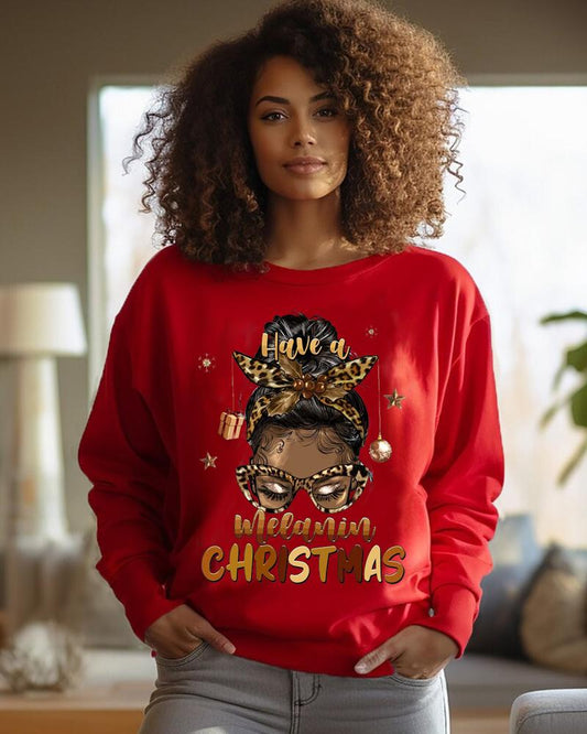 Merry Christmas cute bow black girl printed round neck sweatshirt