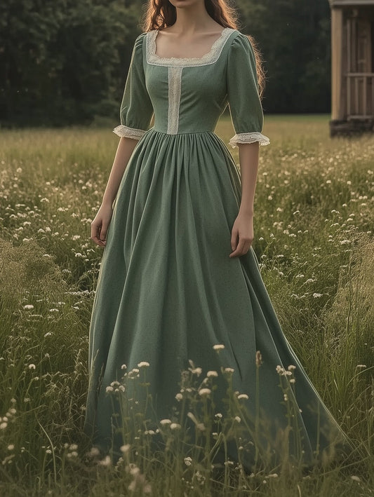 Maxi Linen Dress, 3/4 Sleeves, Square Neck, Lace Up, Linen Blend, Green