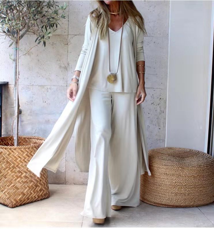 Loose Three-Piece Set V-neck Strap Straight-Leg Trousers Long Plus Size  Cardigan