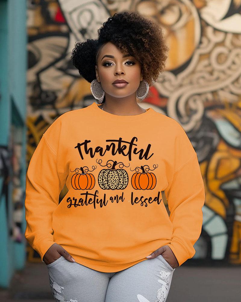 Women's Crewneck Black Girl Thanksgiving Day Slogan Thankful Grateful And Blessed Print Long Sleeve Sweatshirts