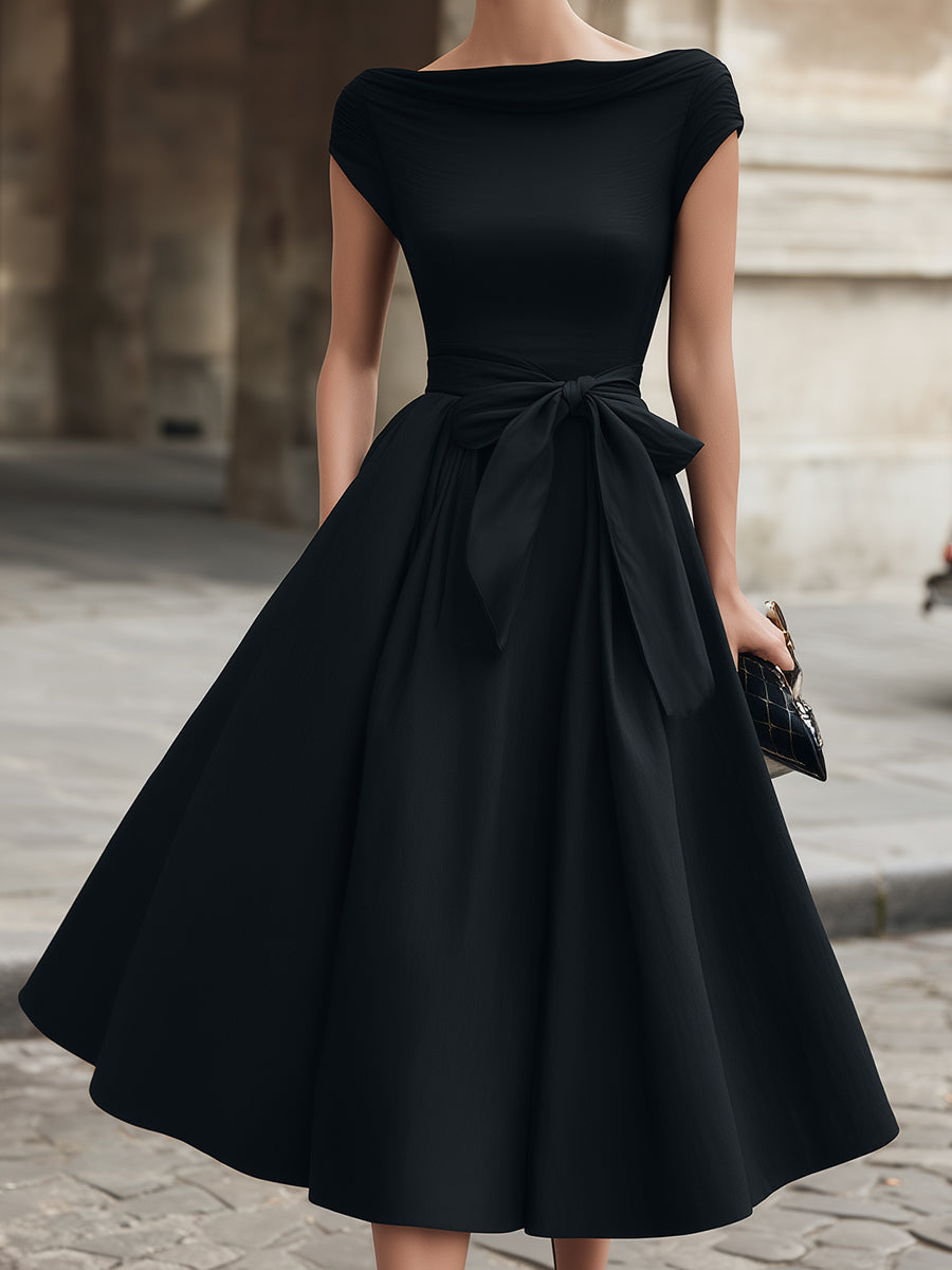 Cap-Sleeve Bow-Waist Midi Dress