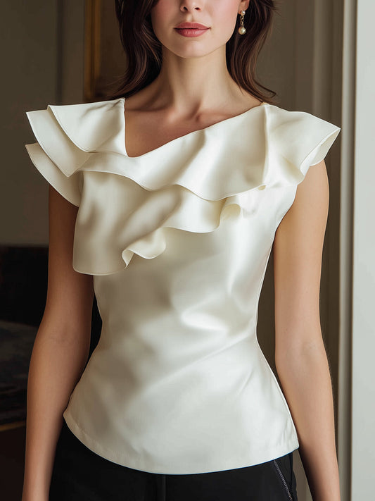 Ivory Ruffled Cap Sleeve Blouse With Sculpted Neckline
