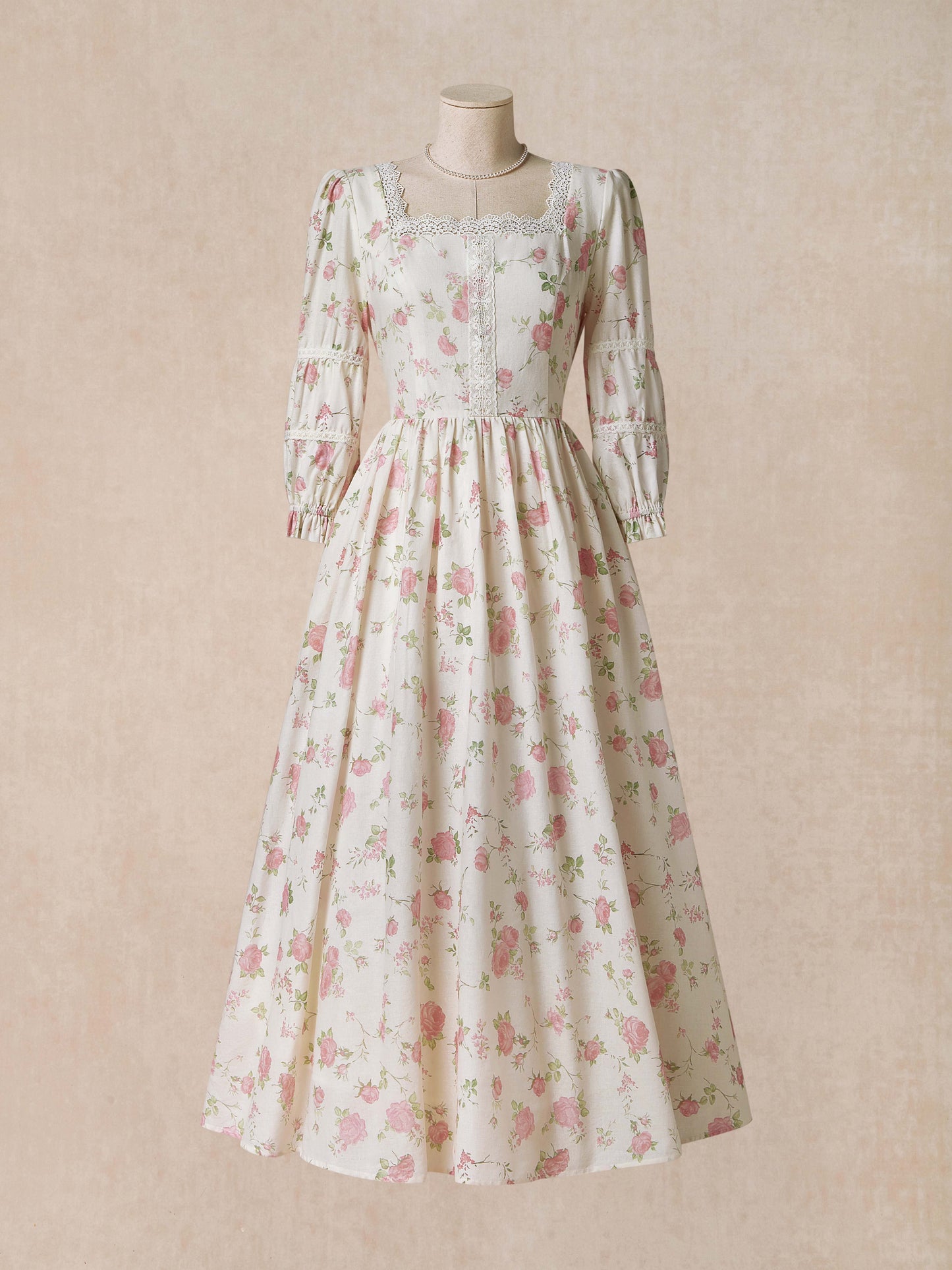 Linen Maxi Dress, Half Sleeve , Lace Collar, Floral, Casual, Pink