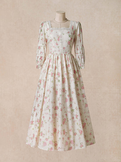 Linen Maxi Dress, Half Sleeve , Lace Collar, Floral, Casual, Pink
