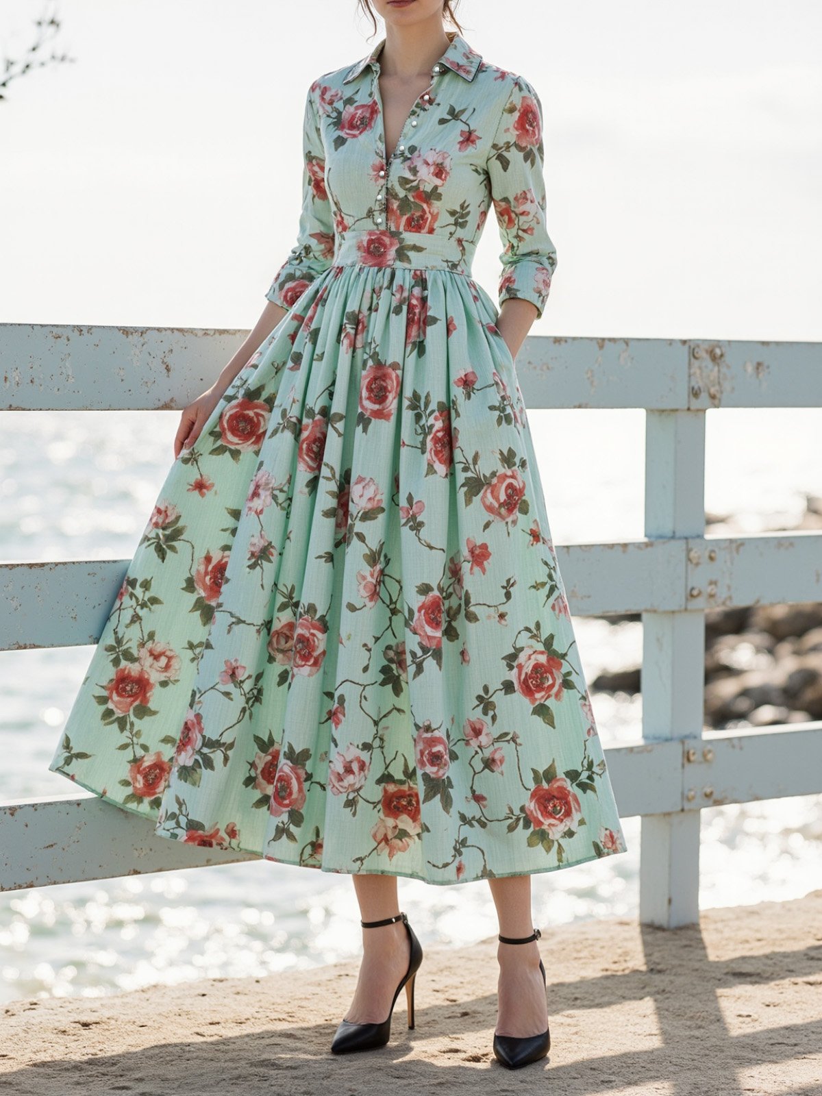 Midi Linen Dress, Half Sleeve, Shawl Collar, Floral, Button Design, Vintage, Green