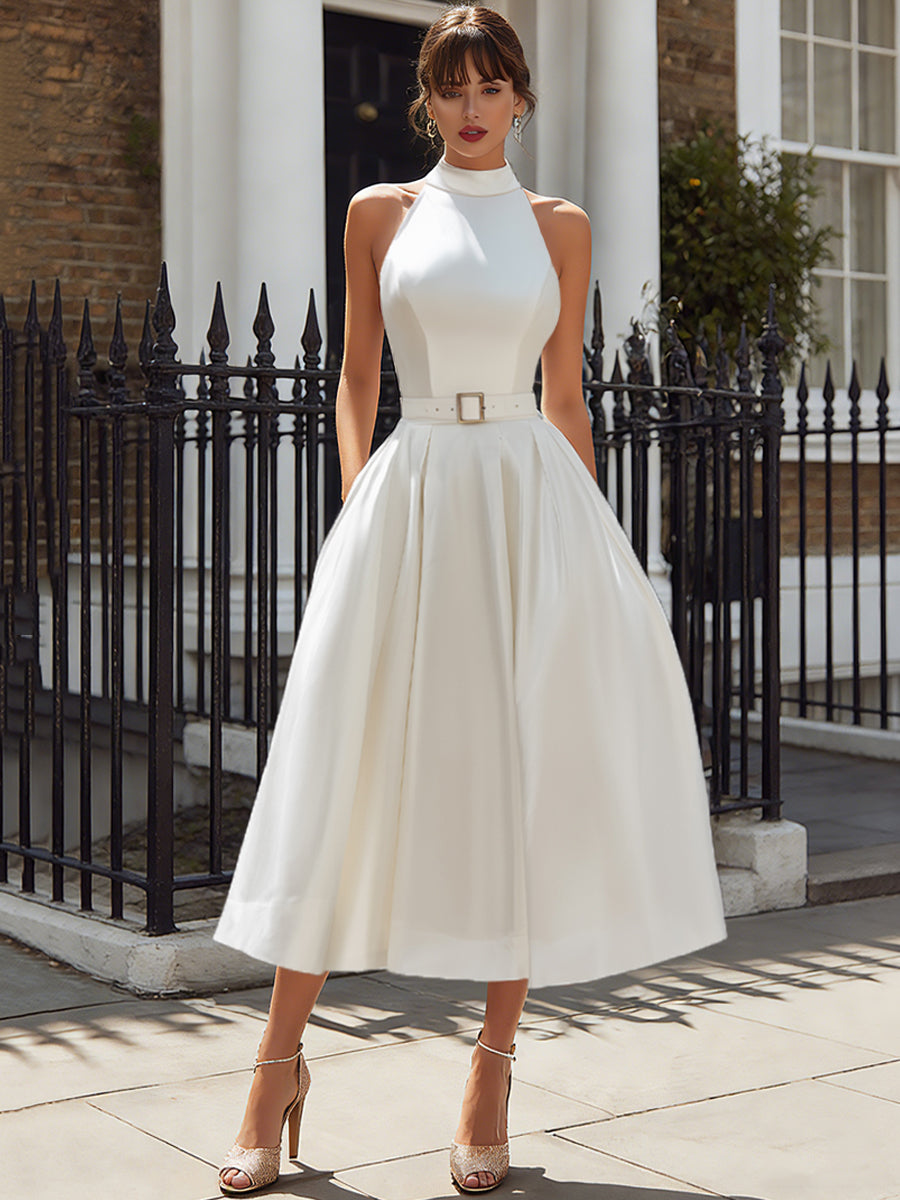 Ethereal Grace Halter-Neck Satin Midi Dress With Belted Waist