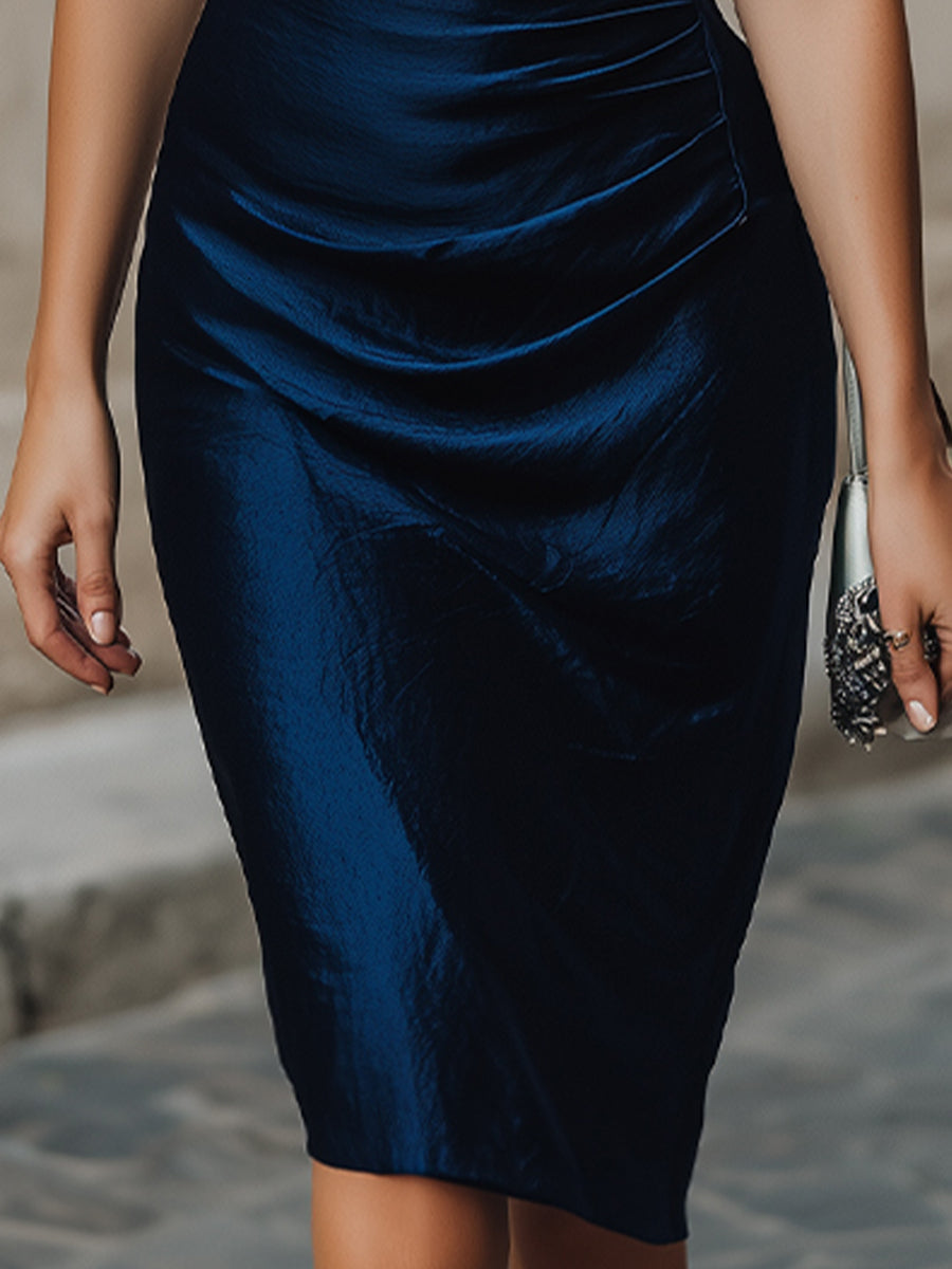 Midnight Asymmetrical Ruched Midi Dress