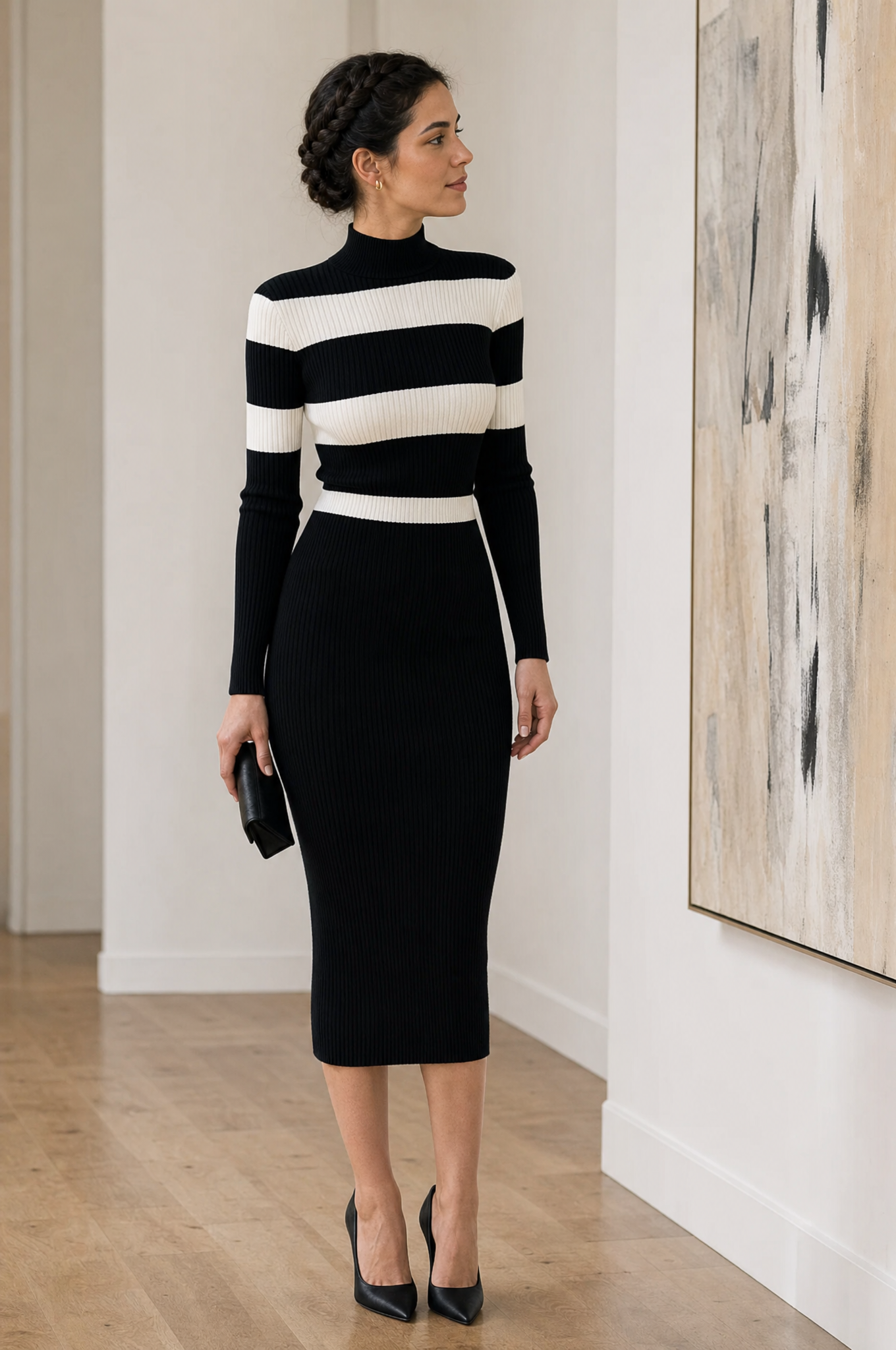 Contrast Stripe Ribbed Knit Mock Neck Midi Dress