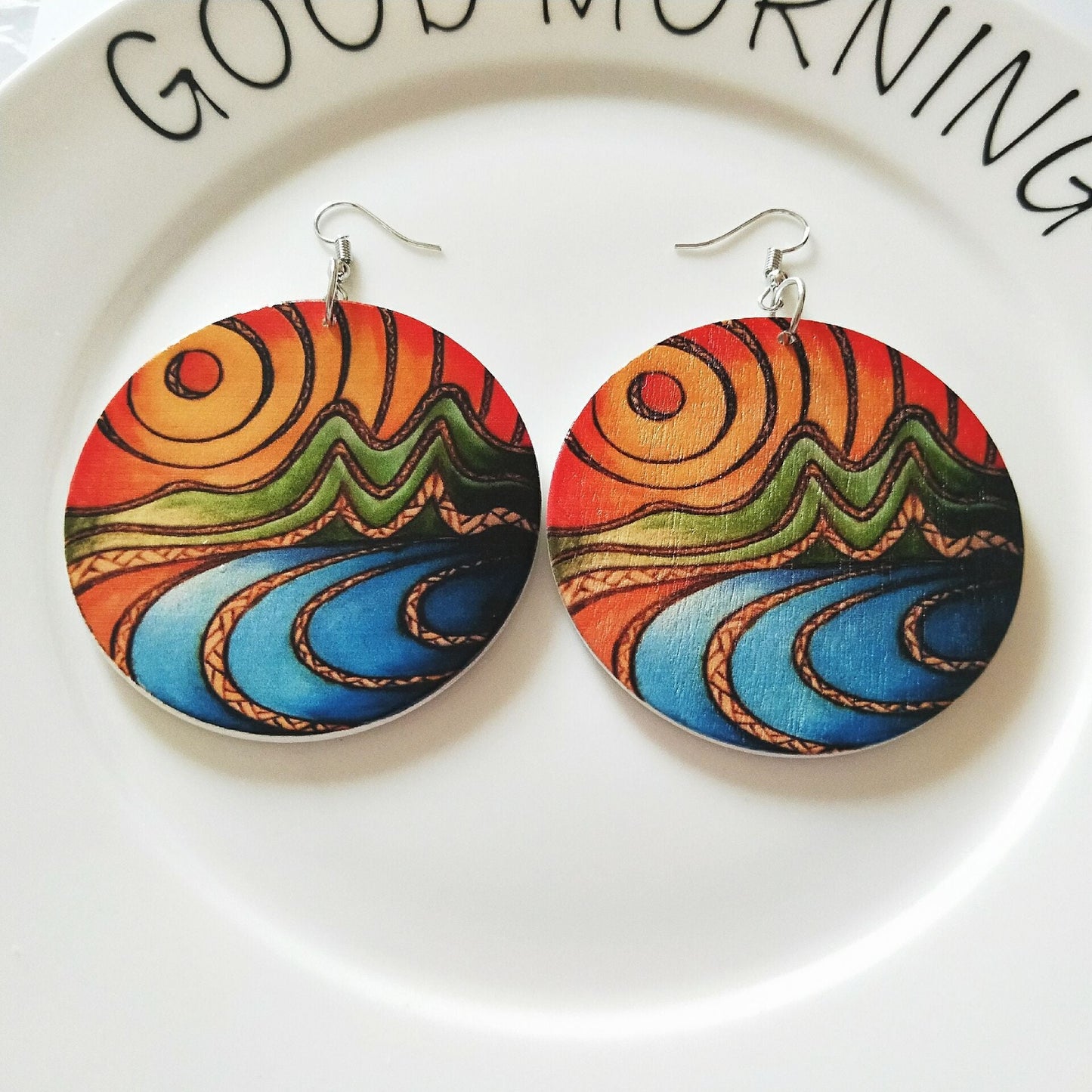 Geometric circular wooden earrings with patterns