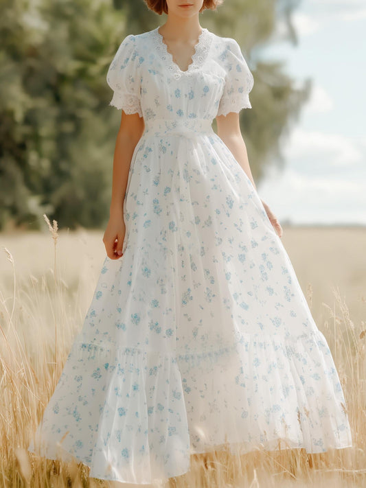 Linen Maxi Dress, Short Sleeve, Lace Collar, Floral, Vintage, Daily