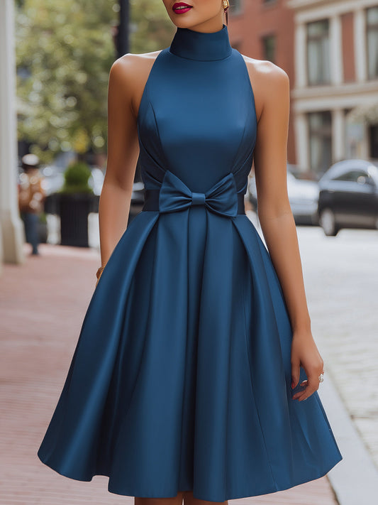 High-Neck Bow-Waist A-Line Midi Dress