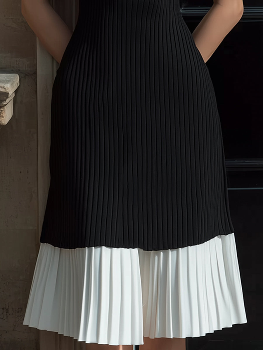 Elegant Monochrome Rib-Knit Mock-Neck Midi Dress With Bow Detail And Pleated Hem