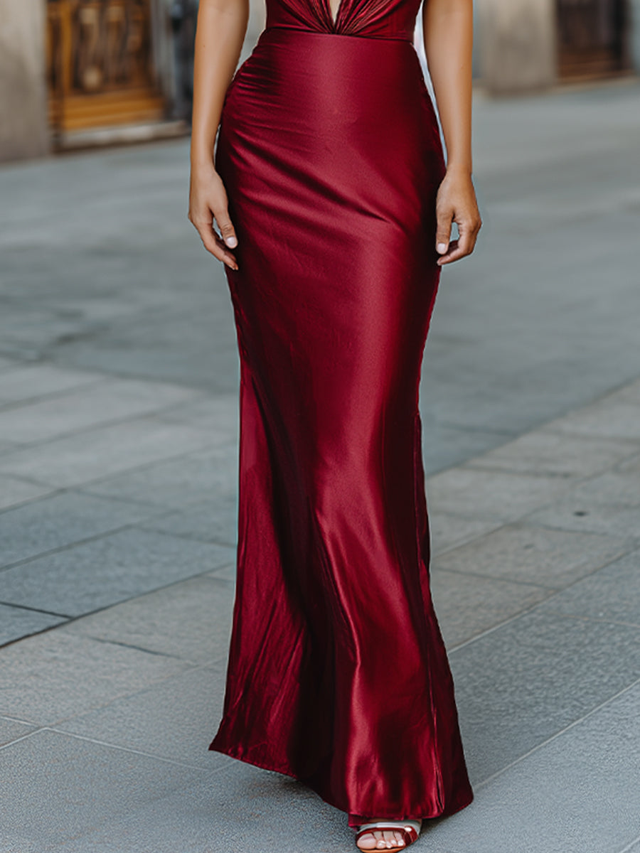 Elegant Halter-Neck Satin Gown With Open Back