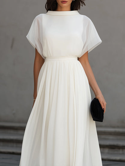 High Neck Sheer Sleeve Pleated Midi Dress