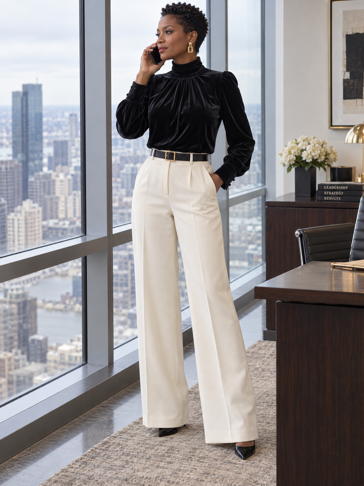 Velvet Mock Neck Gathered Puff Sleeve Blouse
