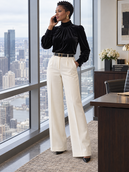 Velvet Mock Neck Gathered Puff Sleeve Blouse