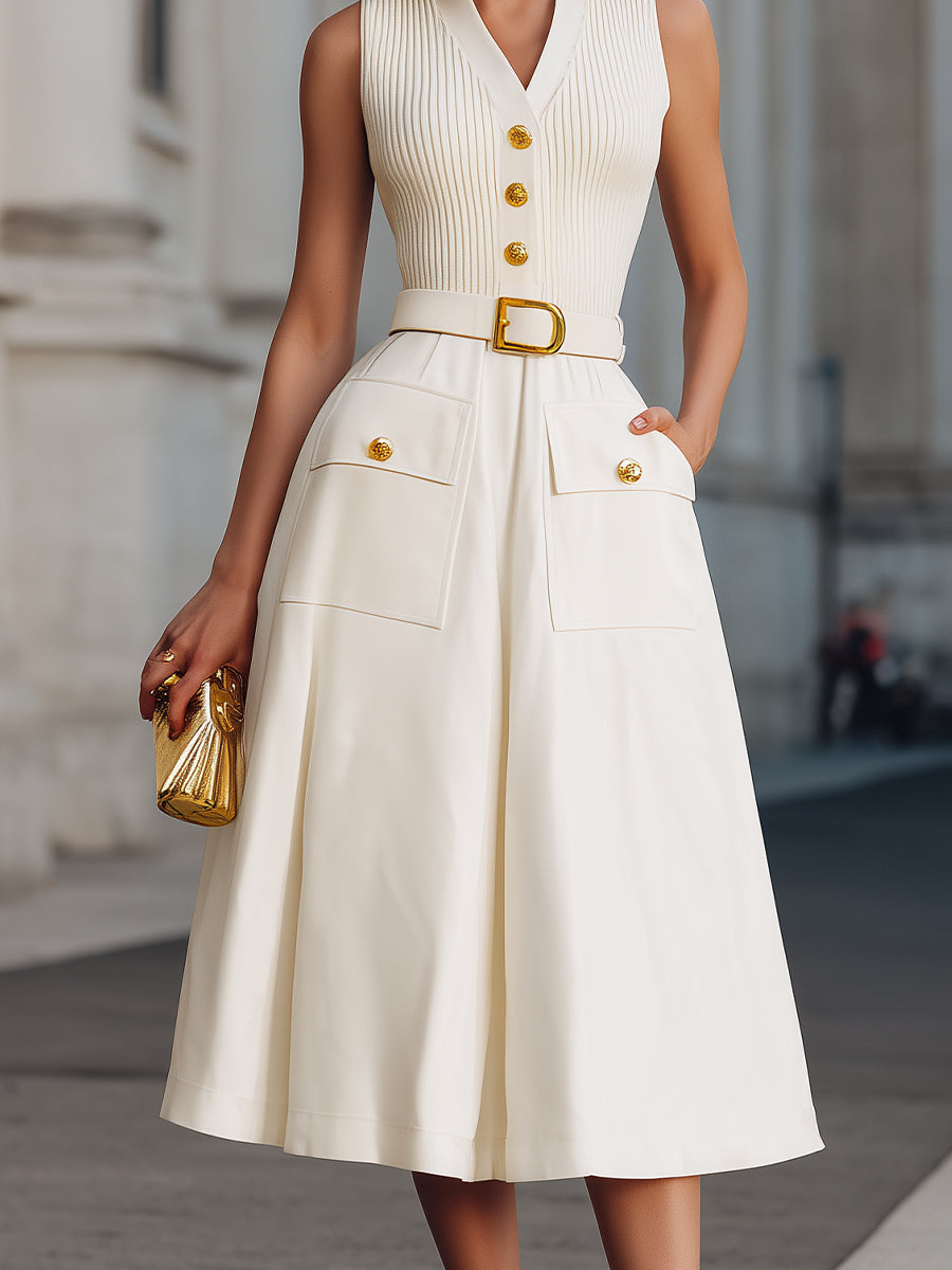 Sleeveless Buttoned V-Neck Belted Midi Dress