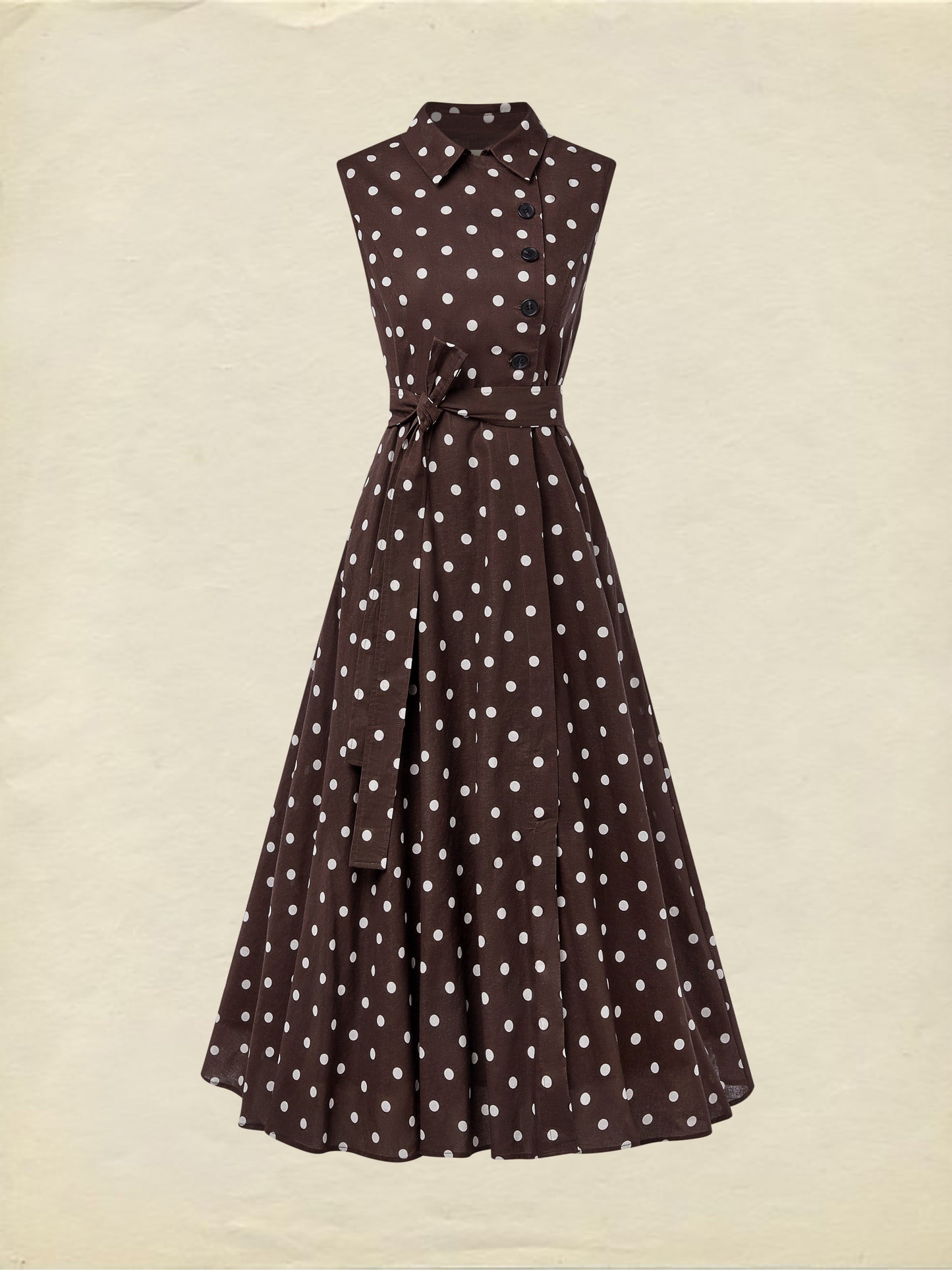 Midi Cotton Dress , Sleeveless, Shawl Collar, Polka Dots, Button Design, French Vintage, Purplish Blue