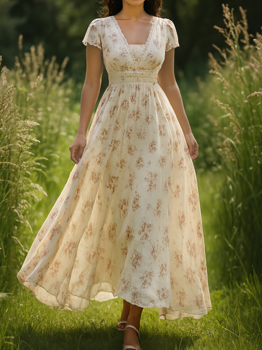 Linen Maxi Dress, Short Sleeve, V neck, Floral, Vintage, Apricot