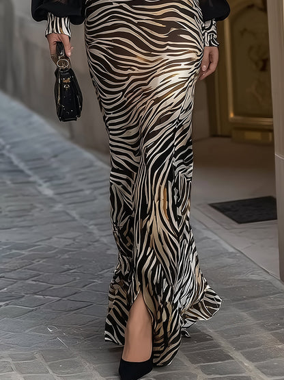 Black Sheer Sleeve Zebra Print Maxi Dress