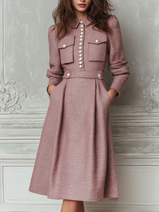 Vintage Pocket Tweed Long-Sleeved Midi Dress