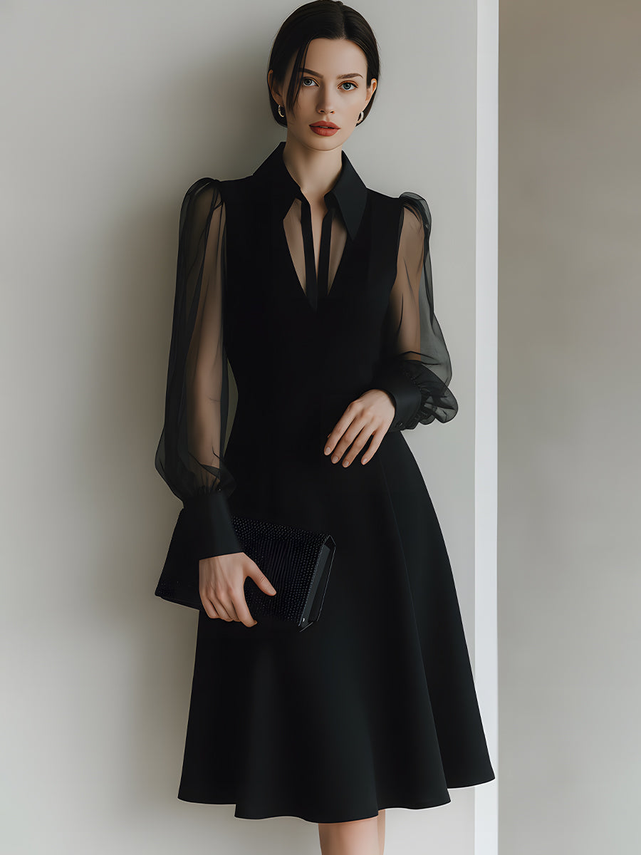 Sheer Sleeve Collared A-Line Midi Dress