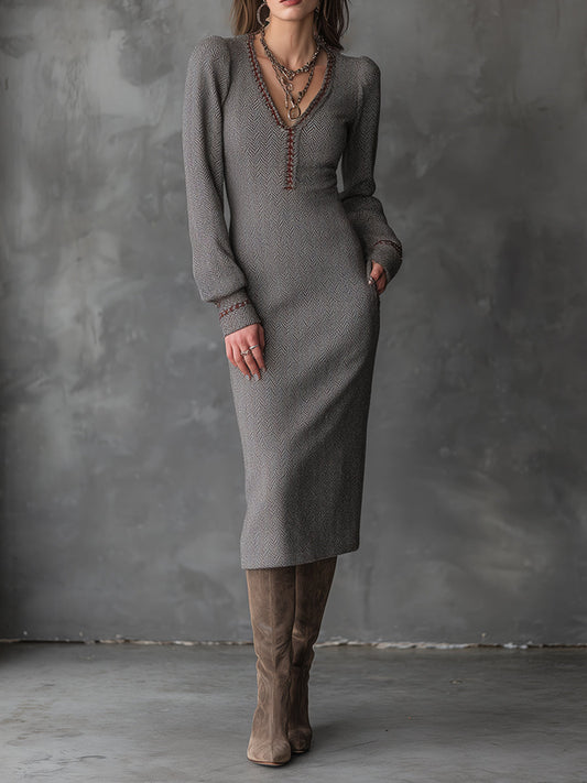 Elegant Bohemian Ash Taupe Sculpted Herringbone Knit Midi Dress