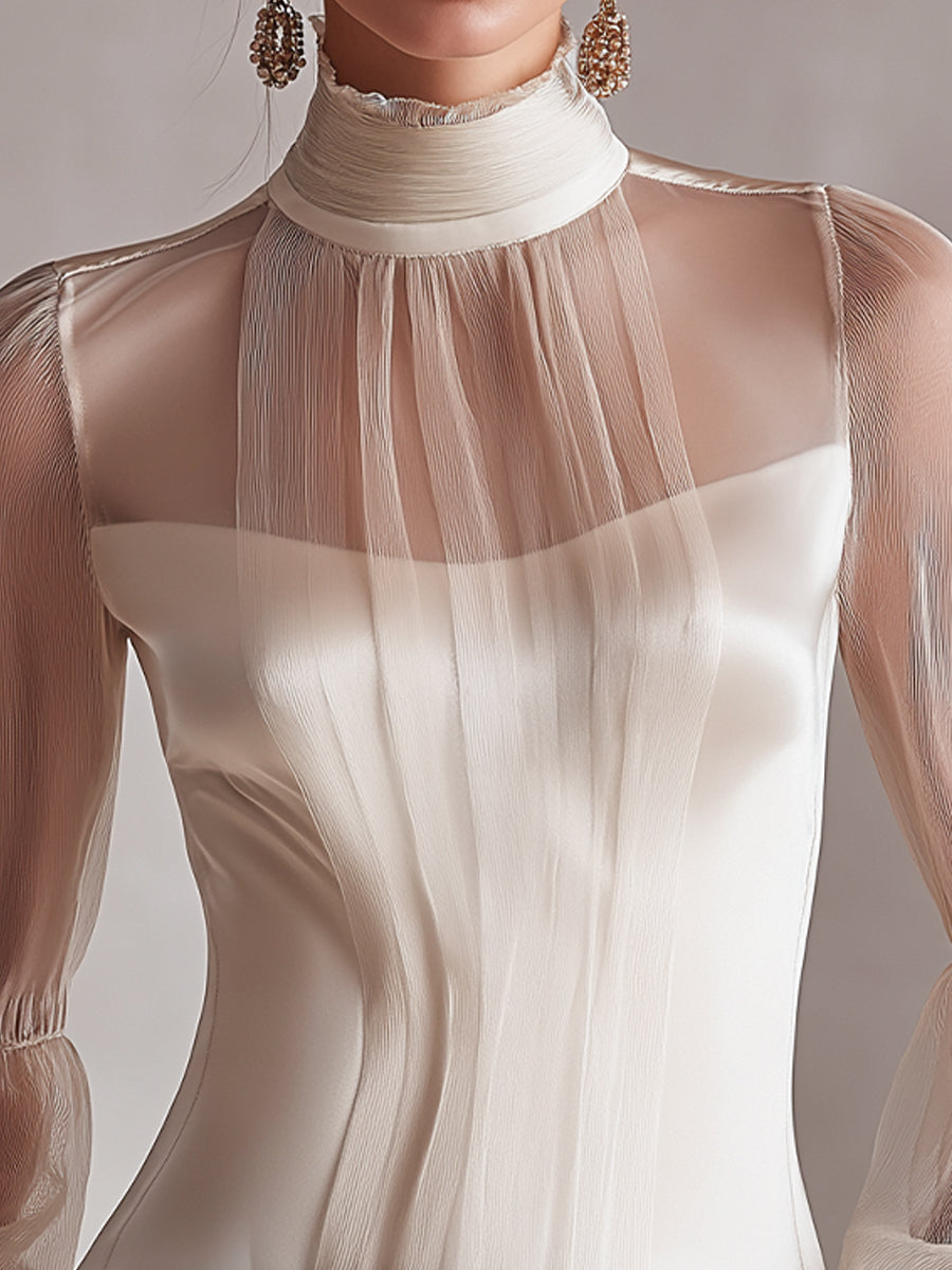 High-Neck Sheer Panel Elegant Long Sleeve Top