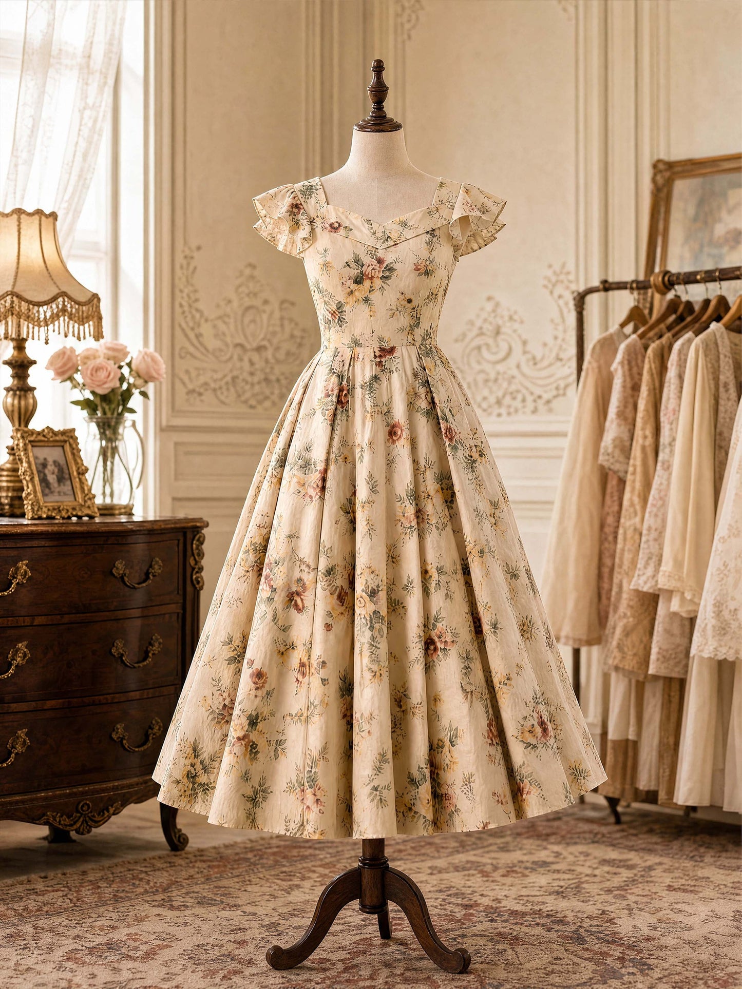 Vintage Floral Square Neck Swing Dress