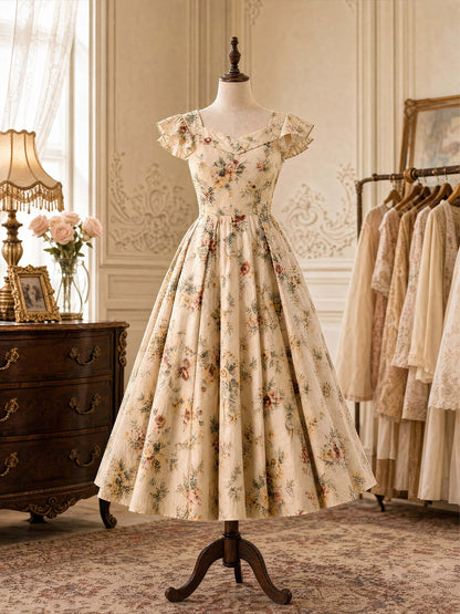 Vintage Floral Square Neck Swing Dress