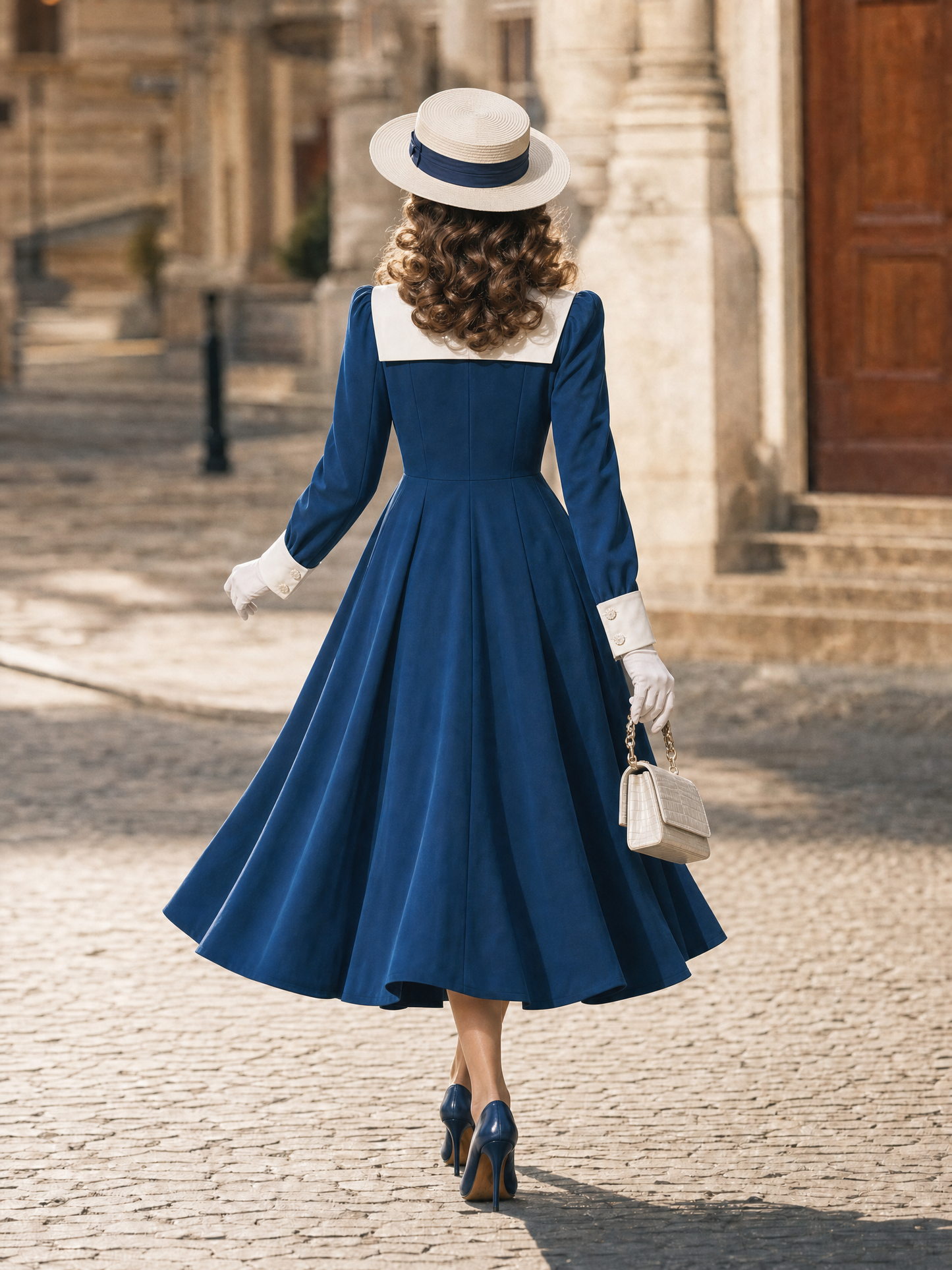 Vintage Contrast Sailor Collar Button Down Midi Dress