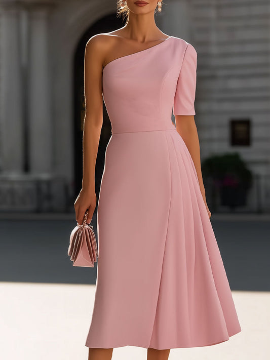 Blush Pink One-Shoulder Midi Dress