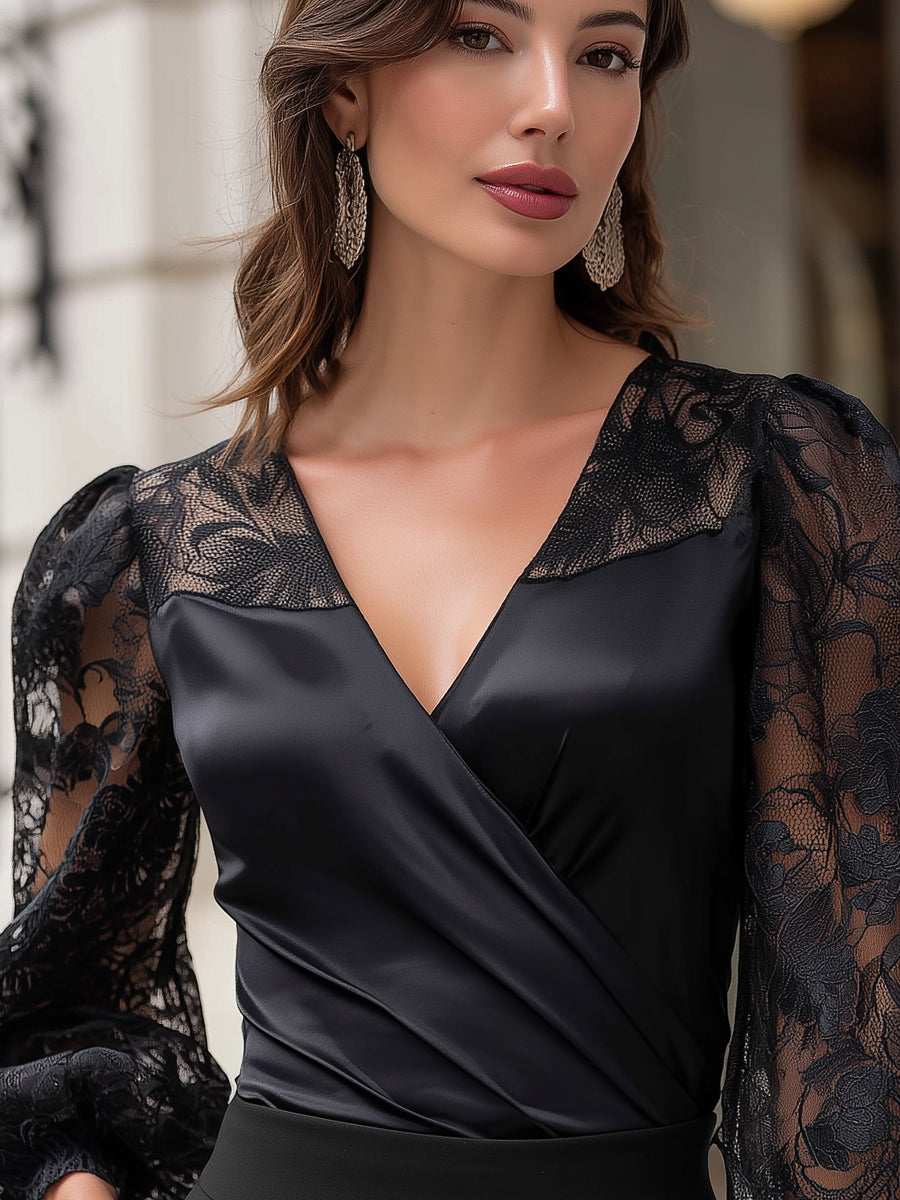 Lace Sleeve Satin Wrap Blouse