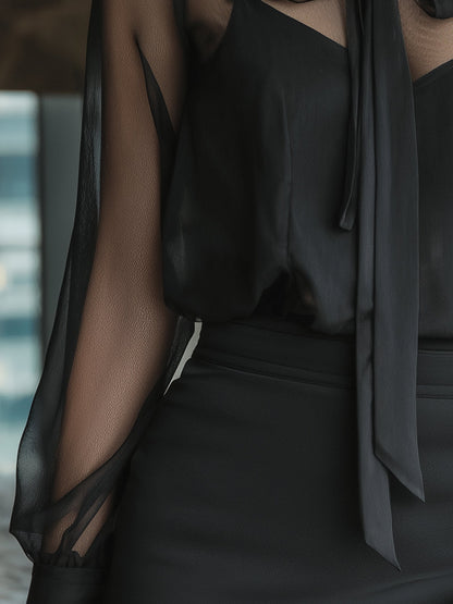 Black Sheer Bow-Tie Blouse With Draped Neckline