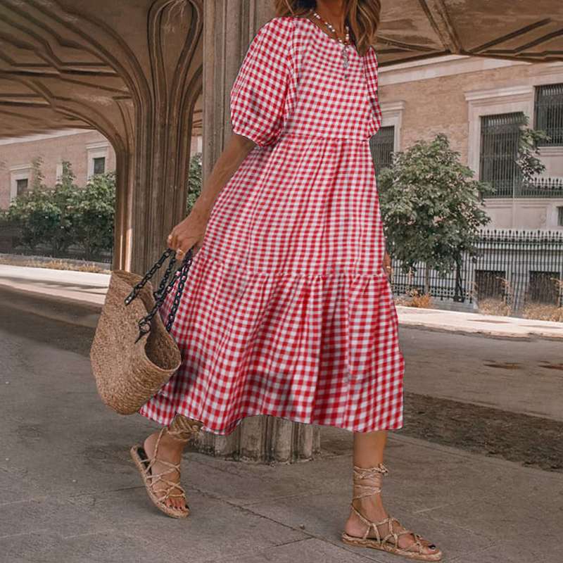 Plus Size 3/4 Sleeve Gingham Maxi Dress