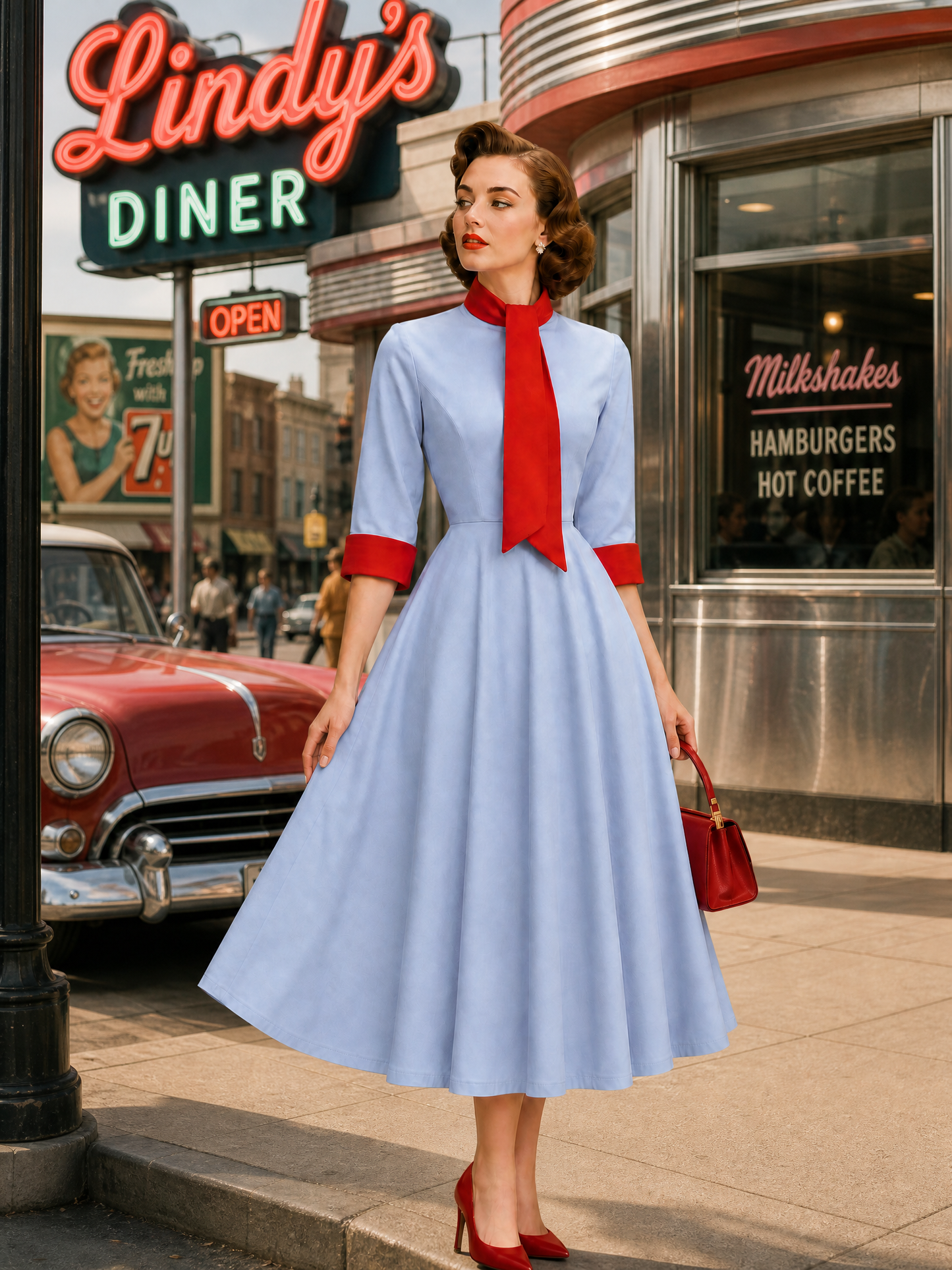 1950s Vintage Sky-Blue Contrast Red Tie-Neck Fit-and-Flare Midi Dress