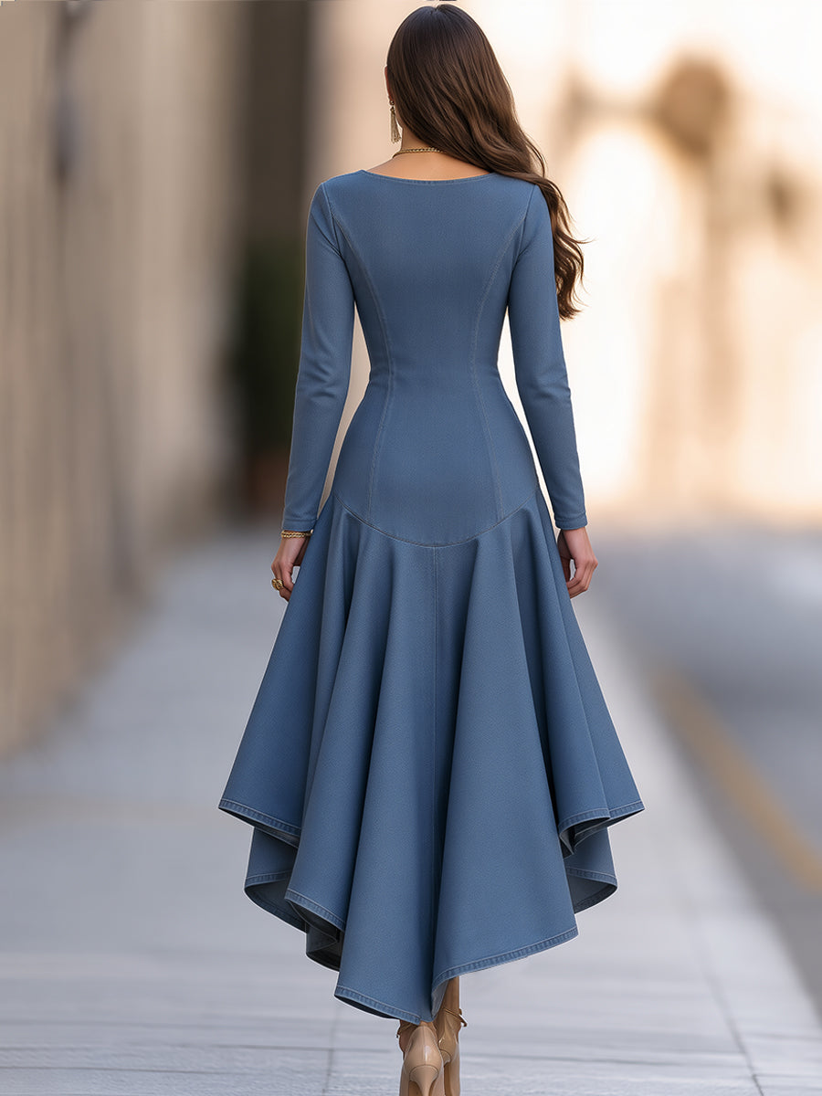 Elegant Blue Denim Long Sleeve Asymmetrical Ruffle Hem Midi Dress