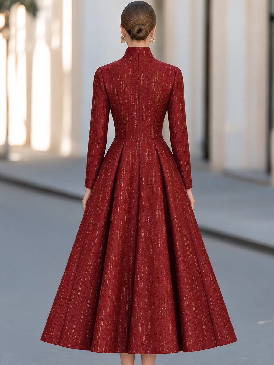 Burgundy Metallic Stripe High-Neck A-Line Midi Dress
