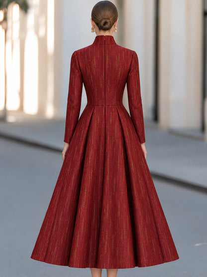 Burgundy Metallic Stripe High-Neck A-Line Midi Dress