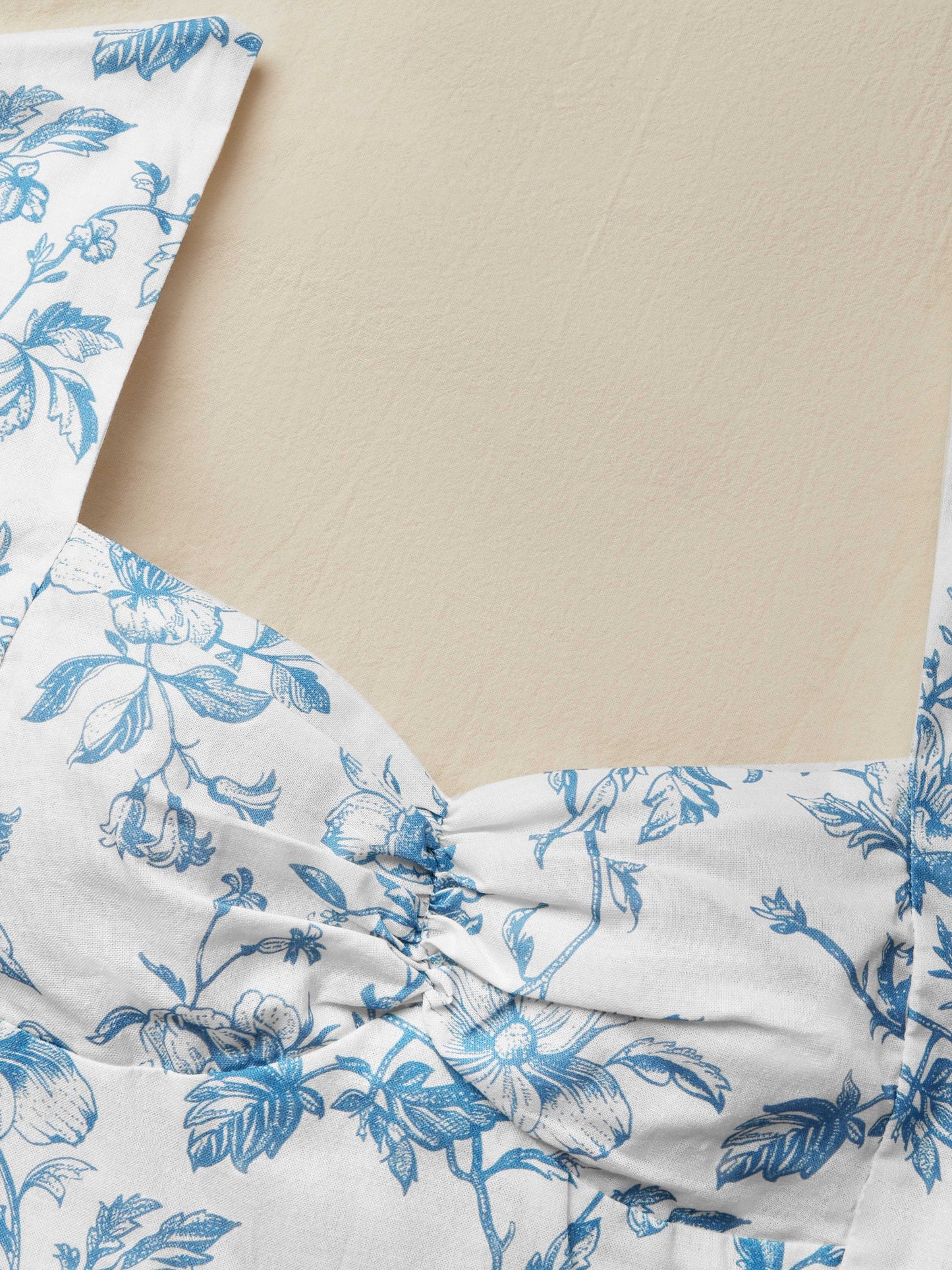 Midi Linen Dress, Short Sleeves, Sweetheart Neck, Floral, Ruffles, Vintage, Blue