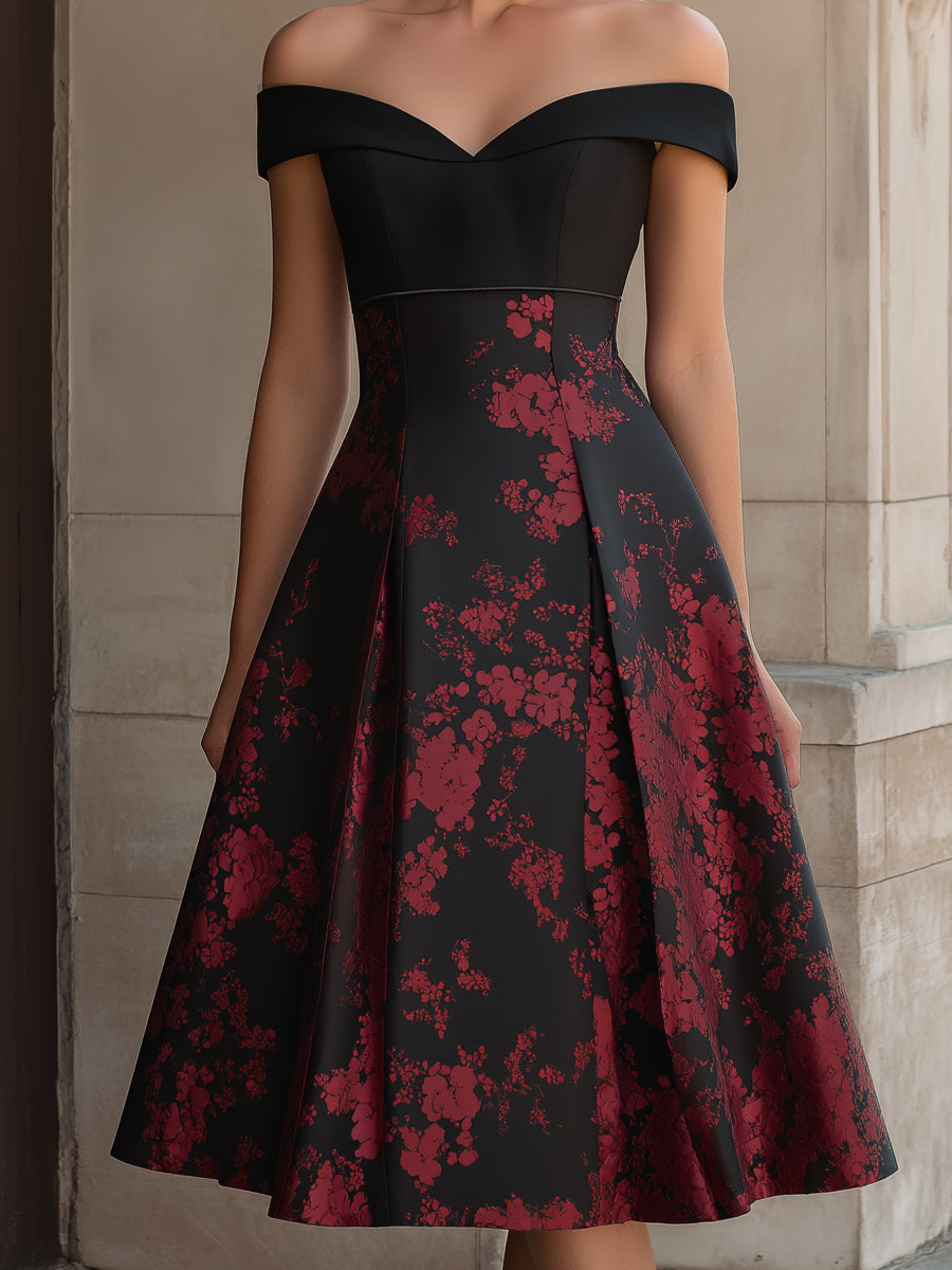 Off-Shoulder Floral Print A-Line Midi Dress