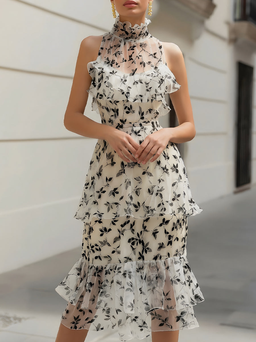 Floral Ruffle High-Neck Layered Midi Dress