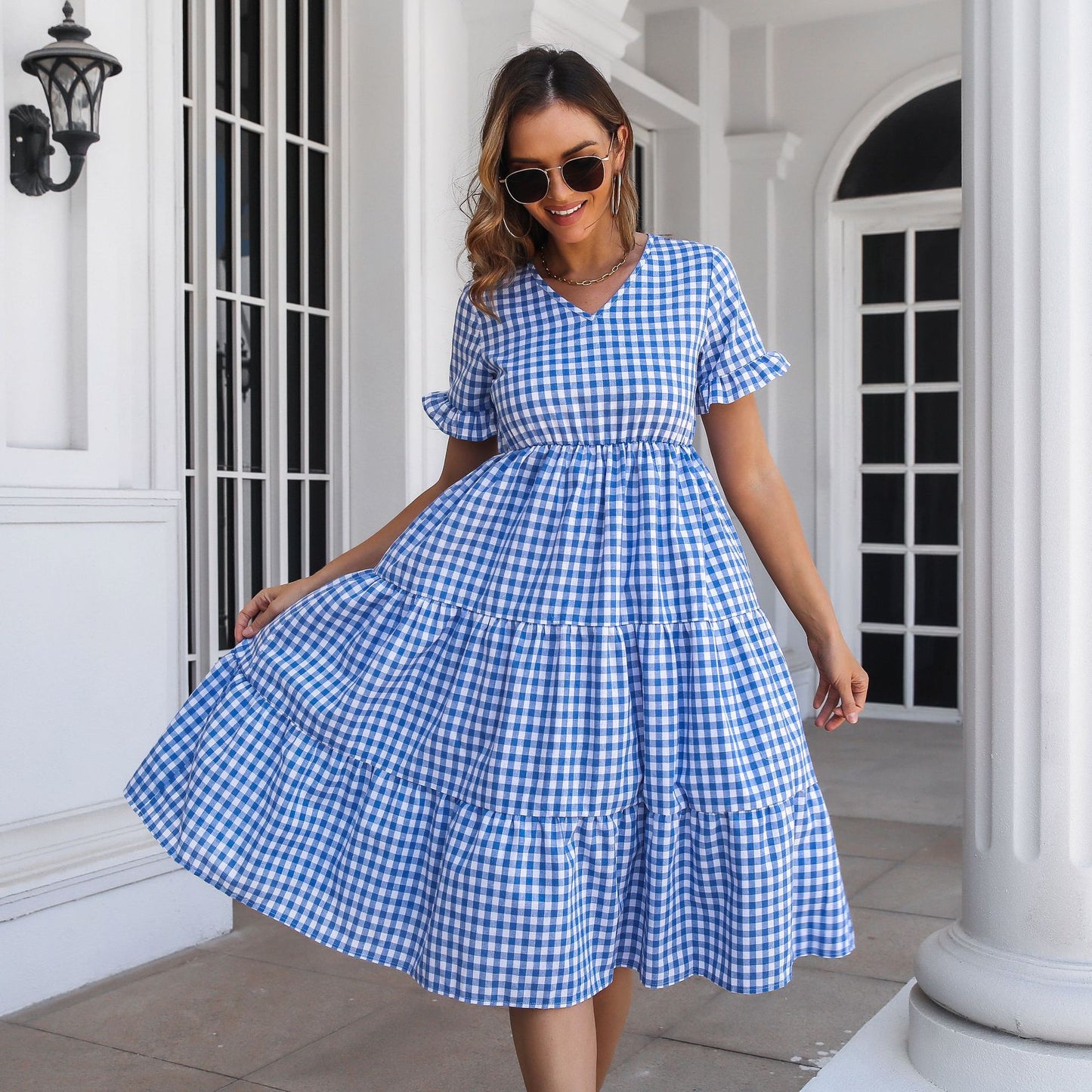 Ruffled V-neck Short Sleeve Large Swing Dress