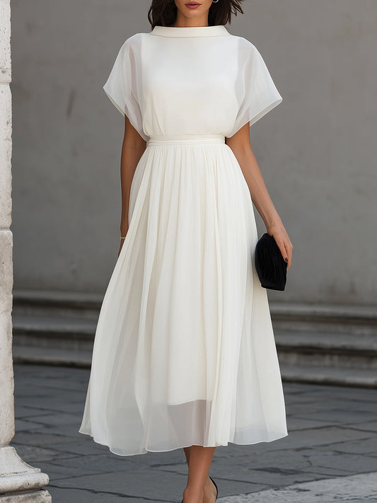 High Neck Sheer Sleeve Pleated Midi Dress