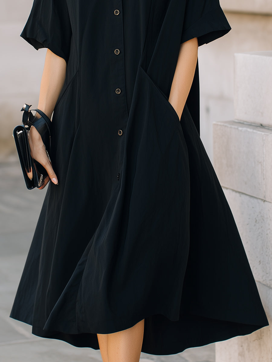 Button-Front Short Sleeve Midi Shirt Dress
