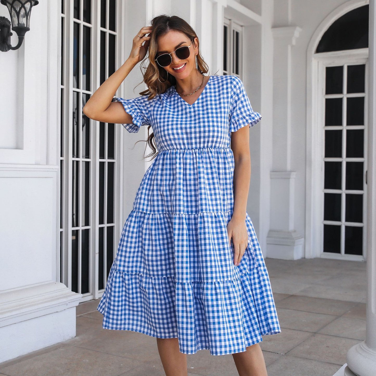 Ruffled V-neck Short Sleeve Large Swing Dress